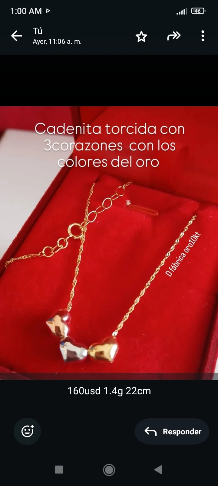 Cadena torcida con 3 corazones con los colores del oro's foto | Joyería Tentación |  BizneCubano